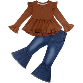 Toddler Baby Girls Clothes Ruffle Long Sleeve Shirt A line Tops Flare Denim Jeans 2 Piece Little Girls Outfits