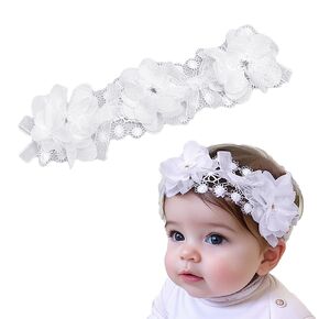Baby Girl White Lace Baptism Headband Soft Cotton Floral Bow Lace Toddler Elastic Hairband Newborn Infant Christening Hair Accessories for Birthday Party (White G, Standard size)