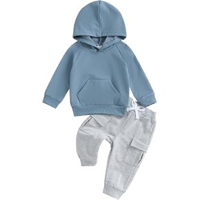 Mandizy Toddler Baby Boy Fall Clothes Long Sleeve Solid Color Hooded Sweatshirt Cargo Pants Set 2Pcs Winter Outfit