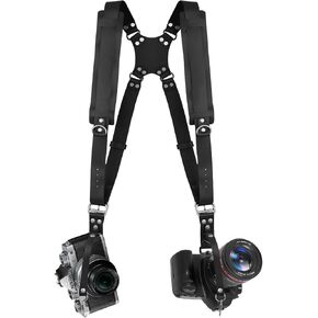 Dual Camera Harness for 2 Cameras,Shoulder Leather Camera Strap for Photographers,Double Camera Strap Camera Harness for 2 Cameras,Dual Camera Harness for Photographers,for DSLR/SLR,Black
