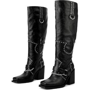 Women Platform Wide Calf Knee High Boots Chunky Heel Rivet Western Boots Square Toe and Side Zipper Motorcycle Boots with Chain