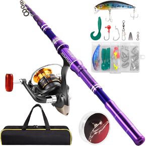 Lady Fishing Rod and Reel Combos, Carbon Fiber Telescopic Fishing Pole Kit with Spinning Reel, Fishing Line, Fishing Lures, Travel Bag for Woman Girl Beginner Saltwater Freshwater (Pink)