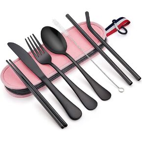 LIANYU 8-Piece Black Travel Silverware Utensils Set, Portable Stainless Steel Flatware Set, Reusable Cutlery with Chopsticks Straws, Blue Case
