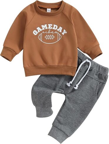 Baby Boys Cute Football Print Long Sleeve Sweatshirts and Stripe Long Pants Toddler Fall Winter Outfits in Kuwait