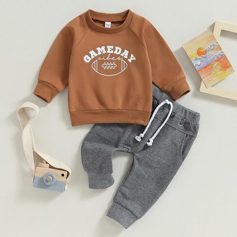 Baby Boys Cute Football Print Long Sleeve Sweatshirts and Stripe Long Pants Toddler Fall Winter Outfits in Kuwait