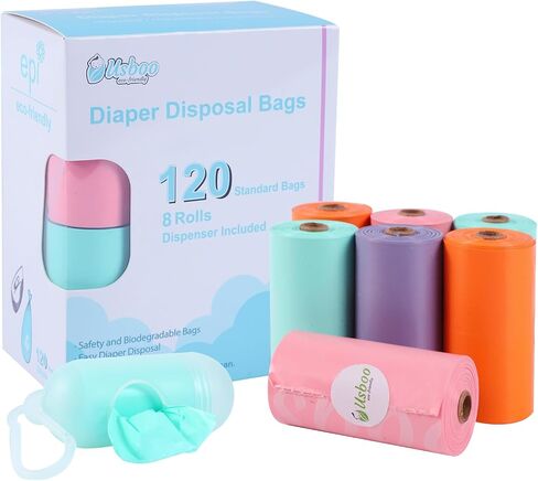 Diaper Bags Disposable for Baby, 8 Refill Rolls/120 Bags Dirty Disposable Diaper Bags with Dispenser, Convenient and Quick Diaper Disposal, Poop Bags,Rainbow in Saudi Arabia