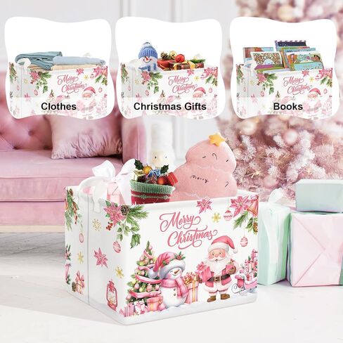 Clastyle Pink Santa Claus Snowman Christmas Gift Basket Merry Christmas Poinsettia Tree Nursery Bin Sleigh Snowflake Xmas Balls Ornament Storage Kid Clothes Toy Book Shelf Basket in Saudi Arabia