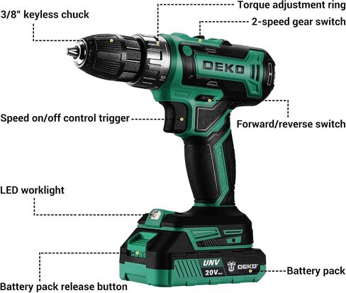 Power Drill Cordless: DEKO PRO Green Cordless Drill 20V Electric Power Drill Set Tool for Women Drills Cordless with Battery and Charger Drill Driver 20 Volt Drill Driver Kit in Kuwait