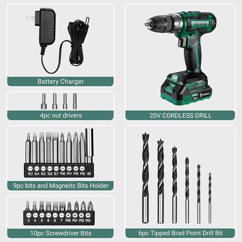 Power Drill Cordless: DEKO PRO Green Cordless Drill 20V Electric Power Drill Set Tool for Women Drills Cordless with Battery and Charger Drill Driver 20 Volt Drill Driver Kit in Kuwait