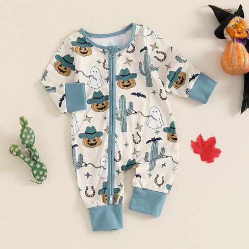 Halloween Baby Boy Girl Clothes Pumpkin Ghost Long Sleeve Romper Zipper Onesie Jumpsuit Footless Playsuit Fall Outfits in Saudi Arabia