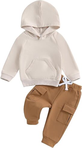 Mandizy Toddler Baby Boy Fall Clothes Long Sleeve Solid Color Hooded Sweatshirt Cargo Pants Set 2Pcs Winter Outfit in Saudi Arabia