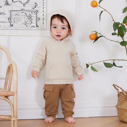 Mandizy Toddler Baby Boy Fall Clothes Long Sleeve Solid Color Hooded Sweatshirt Cargo Pants Set 2Pcs Winter Outfit in Saudi Arabia