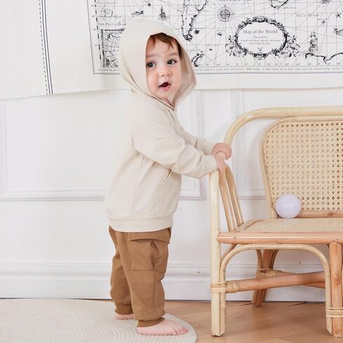 Mandizy Toddler Baby Boy Fall Clothes Long Sleeve Solid Color Hooded Sweatshirt Cargo Pants Set 2Pcs Winter Outfit in Saudi Arabia