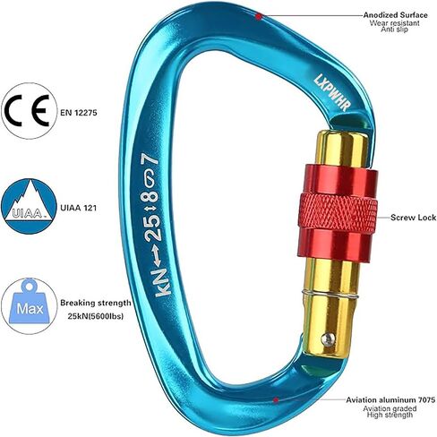 D Shape Carabiner 25KN Heavy Duty Climbing Mountaineer Expanding exploratory Caverns Connection Protection Locking Carabiner Clip Carabiner Screw Lock Hammock Camping Outdoor Equipment… in Saudi Arabia