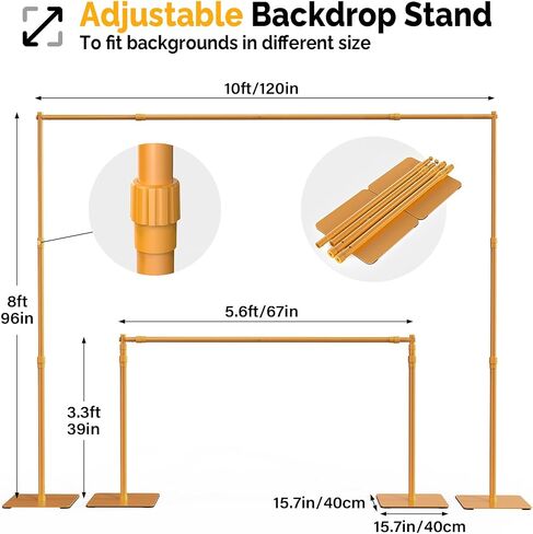 Backdrop Stand, 8x10 ft Adjustable Photo Backdrop Stand Kit, Heavy Duty Backdrop Stand with Steel Base for Photography, Photo Video Studio, Birthday Parties, Wedding (Golden) in Kuwait