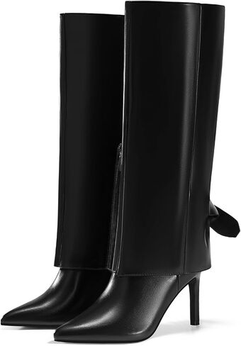 Coutgo Womens Knee High Boots Fold Over Pointed Toe Stiletto High Heel Boot Sexy Winter Tall Boots in Saudi Arabia