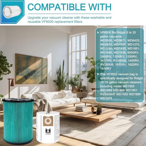 عبوتان من مرشح بديل VF6000 مكون من 5 طبقات للمكانس الكهربائية الرطبة/الجافة Ridgid سعة 5-20 جالون، 6 عبوات VF3502 أكياس فلتر فراغ عالية الكفاءة مكونة من طبقتين متوافقة مع مكنسة Ridgid الرطبة/الجافة سعة 12-16 جالونًا in Kuwait