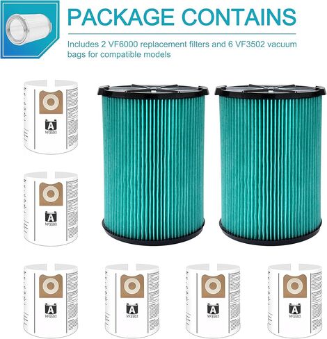 عبوتان من مرشح بديل VF6000 مكون من 5 طبقات للمكانس الكهربائية الرطبة/الجافة Ridgid سعة 5-20 جالون، 6 عبوات VF3502 أكياس فلتر فراغ عالية الكفاءة مكونة من طبقتين متوافقة مع مكنسة Ridgid الرطبة/الجافة سعة 12-16 جالونًا in Kuwait