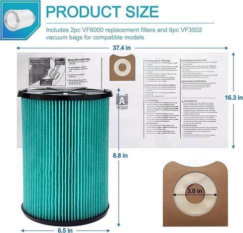 عبوتان من مرشح بديل VF6000 مكون من 5 طبقات للمكانس الكهربائية الرطبة/الجافة Ridgid سعة 5-20 جالون، 6 عبوات VF3502 أكياس فلتر فراغ عالية الكفاءة مكونة من طبقتين متوافقة مع مكنسة Ridgid الرطبة/الجافة سعة 12-16 جالونًا in Kuwait