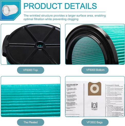 عبوتان من مرشح بديل VF6000 مكون من 5 طبقات للمكانس الكهربائية الرطبة/الجافة Ridgid سعة 5-20 جالون، 6 عبوات VF3502 أكياس فلتر فراغ عالية الكفاءة مكونة من طبقتين متوافقة مع مكنسة Ridgid الرطبة/الجافة سعة 12-16 جالونًا in Kuwait