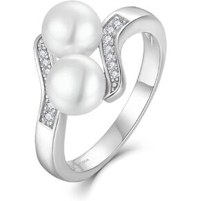 JO WISDOM Pearl Ring for Women,925 Sterling Silver Cubic Zirconia Women's Rings with Two Pearls 7mm White Freshwater Cultured Pearl