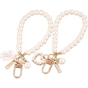 UUYYEO 2 Pcs Artificial Pearl Keychains Key Ring Handbag Purse Charm Ornaments Car Pendant Hand Wrist Lanyard Wristlet Strap Bracelet