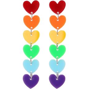 MALOYANVE Rainbow Stud Earrings for Women Girls Unique Creative Bohemian Lightweight Acrylic Rainbow Chain Dangle Drop Earrings Long Handmade Colorful Rainbow Resin Hearts Chain Post Stud Earrings Jewelry for Women Girls