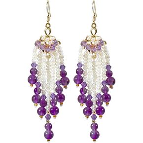 Yinujiao Amethyst Chandelier Dangle Earrings Hook Purple Fringe Long Bohemian Handmade Water Fresh Pearl Tassel Drop for Women Girls Bridal Wedding Gift Packaging