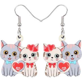 Acrylic Valentines Day Couple Cat Earrings Heart Kitten Drop Dangle Fashion Jewelry For Women Girls Pet Charms Gift