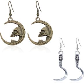 CWVHQ 2 Pairs Hollow Fish bone Earrings Halloween Gothic Moon Skull Dangle Earrings Retro Sickle Drop Earrings for Women Men Girls