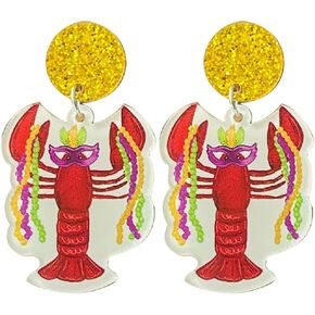 Colorful Mardi Gras Acrylic Drop Dangle Earrings Funny Crocodile Lobster Gnome Heart Stud Earrings for Women Girls Sparkling Carnival Theme Mask Lips Hat Modelling Earrings Holiday Jewelry