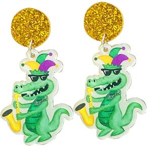 Colorful Mardi Gras Acrylic Drop Dangle Earrings Funny Crocodile Lobster Gnome Heart Stud Earrings for Women Girls Sparkling Carnival Theme Mask Lips Hat Modelling Earrings Holiday Jewelry