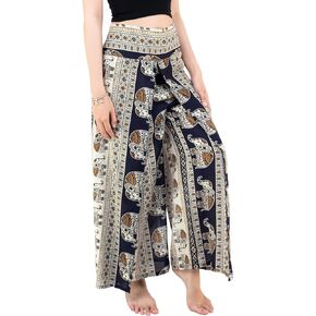 VIENG PING, Hippie Flowy Comfy Elephant Print Trousers Boho Palazzo Slit-Legs Premium Rayon Pants for Women