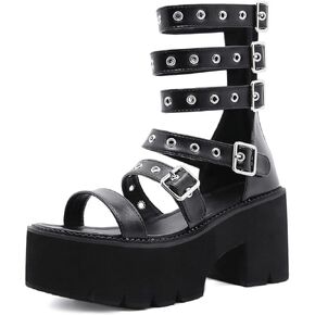 Women's Leather Platform Gladiator Sandals with Adjustable Ankle Buckle Comfortable Non-Slip Gothic Sandals Heel Zipper Punk Chunky Party Shoes