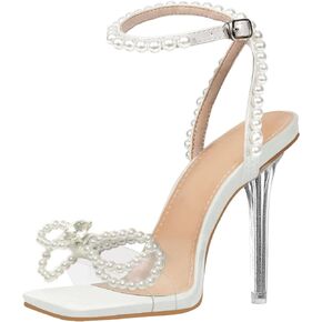 Women's Square Toe Clear Rhinestone Bow Heels Crystal Sparkly Stiletto High Heel Sandals