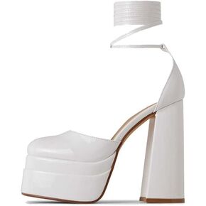 keleimusi Strappy Platform Pumps Lace-Up Square Toe Patent Leather High Blocked Chunky Sandals for Women