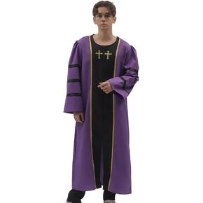 Yaolzeku Clergy Robes for Men, Purple Black Crewneck Priest Costume for Adult with Concealed Zipper & Pleated Shoulder Design