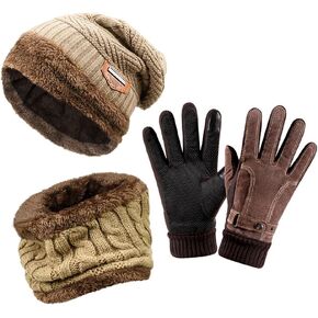 LONGTEN Winter Beanie Hat Scarf Gloves Set Knitted Hat Neck Gaiters Touch Screen Driving Gloves Unisex