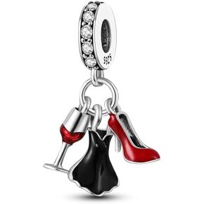 DIY Dangle Pendant Bead Charms for Bracelets Necklaces 925 Sterling Silver Cubic Zirconia Charm Beads for Women Girls Wine Glasses Dress Heel Luxury Zircon Bead Charms Birthday Valentines Day Gifts