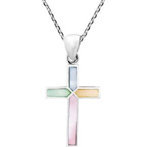 AeraVida Cross of Faith Inlaid Multicolor Mother of Pearl .925 Sterling Silver Pendant Necklace | Gift for Birthday, Anniversary