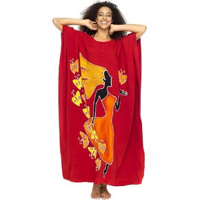 فستان قفطان طويل مطلي يدويًا للنساء من Back From Bali لملابس الاسترخاء، وتغطية ملابس السباحة، والارتداء اليومي - رايون طويل فضفاض in Kuwait