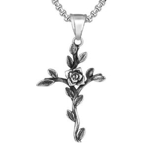Jude Jewelers Vintage Style Stainless Steel Flower Leaf Style Christian Cross Religious Pendant Necklace