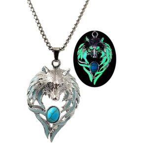 Wolf Necklace for Women Men Luminous Wolf Head Pendant Necklace Viking Wolf Stuff Gift Halloween Glow in the Dark Jewelry