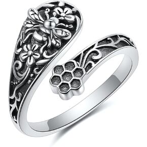 MONGAS Bee Spoon Rings for Women Sterling Silver Adjustable Vintage Bee Spoon Ring Antique Thumb Rings Jewelry Gifts for Women