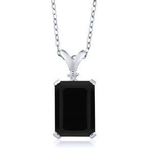 Gem Stone King 925 Sterling Silver Black Onyx and White Diamond Pendant Necklace for Women (6.62 Cttw, Emerald Cut 14X10MM, With 18 inch Silver Chain)
