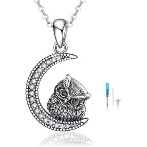YAFEINI Owl Urn Necklaces for Ashes Sterling Silver Crescent Moon Keepsake Cremation Jewelry Memorial Gifts for Women
