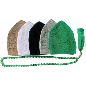 5X Islamic Muslim Knitting Kufi Topi Prayer Hat Skull Cap Elastic One Size Fits All (Set of 5) with 1 Tasbhi Tasbih Beads Prayer Beads Free