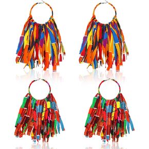 2 Pairs African Fabric Tassel Earrings Set Ankara Fringe Hoop Earrings Fashion African Earrings Cloth Print Earrings Jewelry for Women Girls Accessories