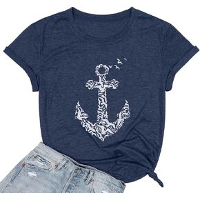 Anchor Shirt Women Boat Anchor Printed T-Shirt Nautical Shirt Funny Beach Shirt Summer Navy Sailor Vacation Tee Tops