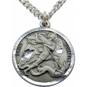 Saint Michael Round Pewter Medal Pendant 1 Inch on 24 Inch Stainless Steel Chain Gift